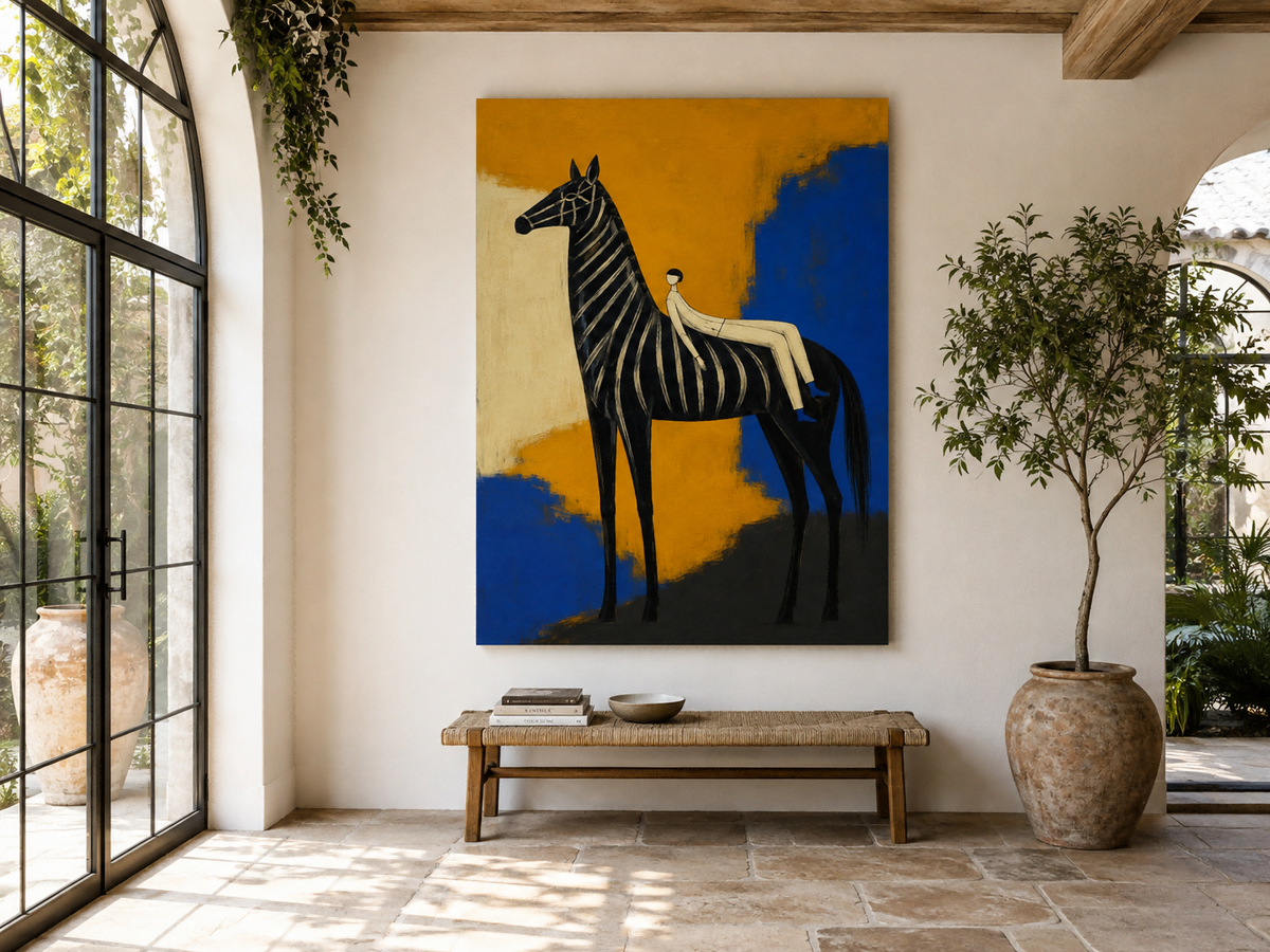 Abstract Zebra And Figure Canvas Painting With Bold Gold Blue Colors