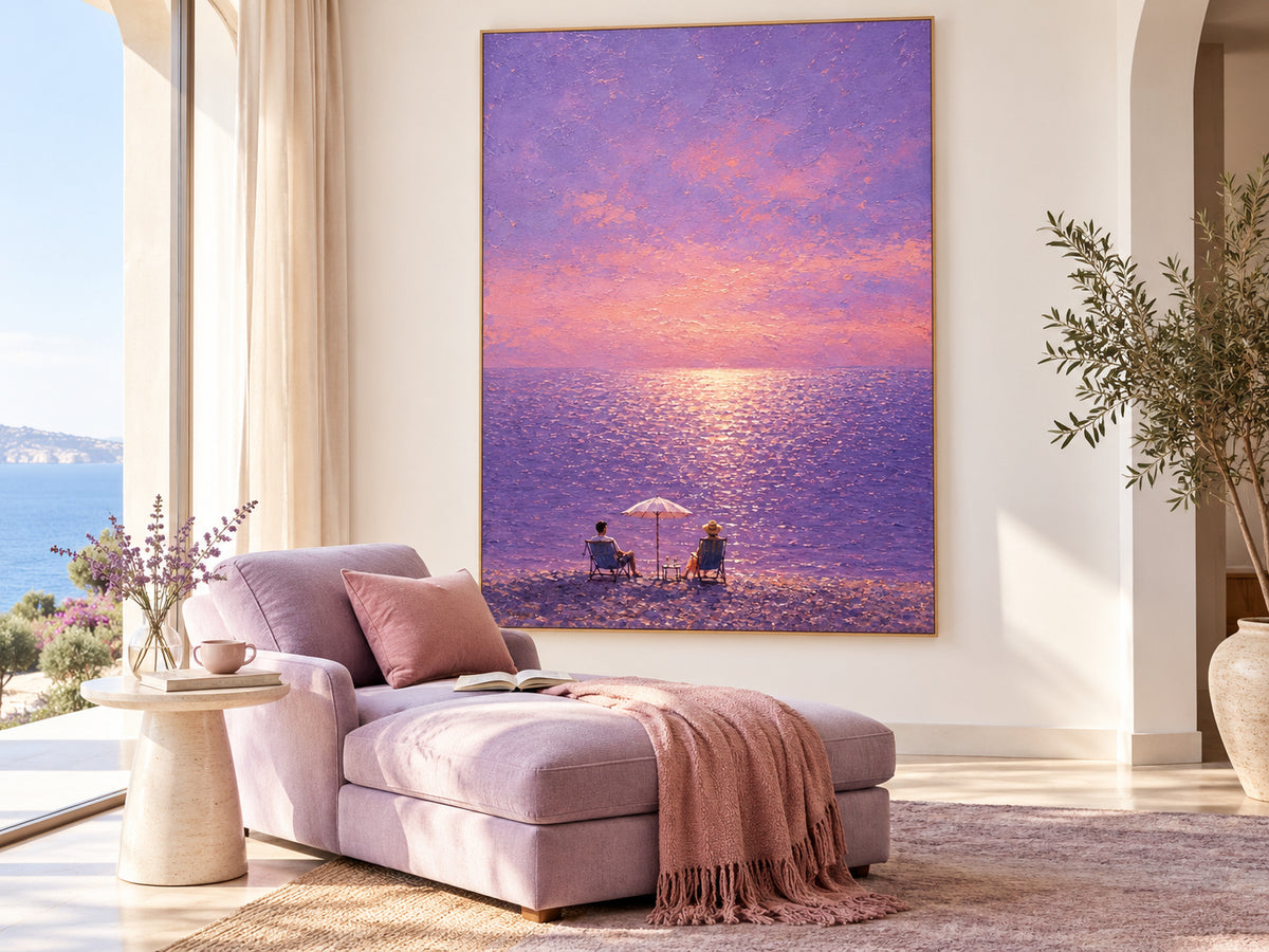 Romantic Purple Seascape Hand-Painted Canvas Art With Golden Sunset Glow