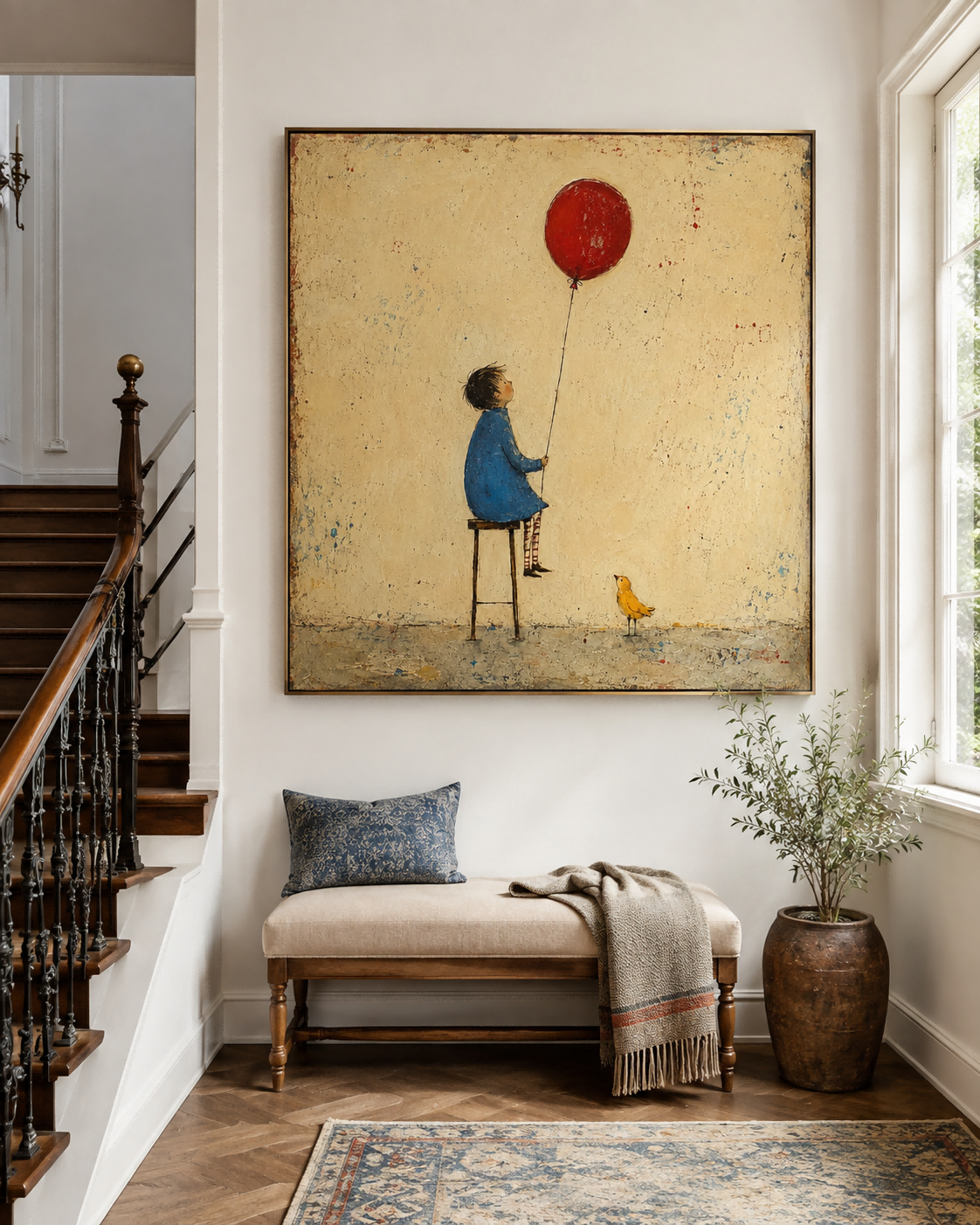 Retro Fairy Tale Illustration Original Canvas Painting Beige Blue Hand-Painted Child With Red Balloon And Bird Vintage Canvas Art