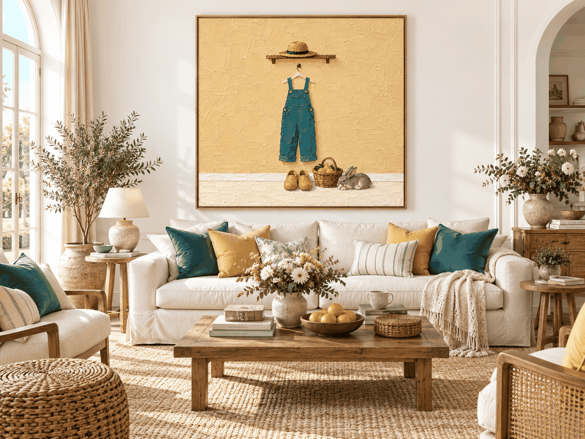 Rabbit And Overalls Wall Art Charming Entryway Art With Textured Beige And Blue-Green Tones
