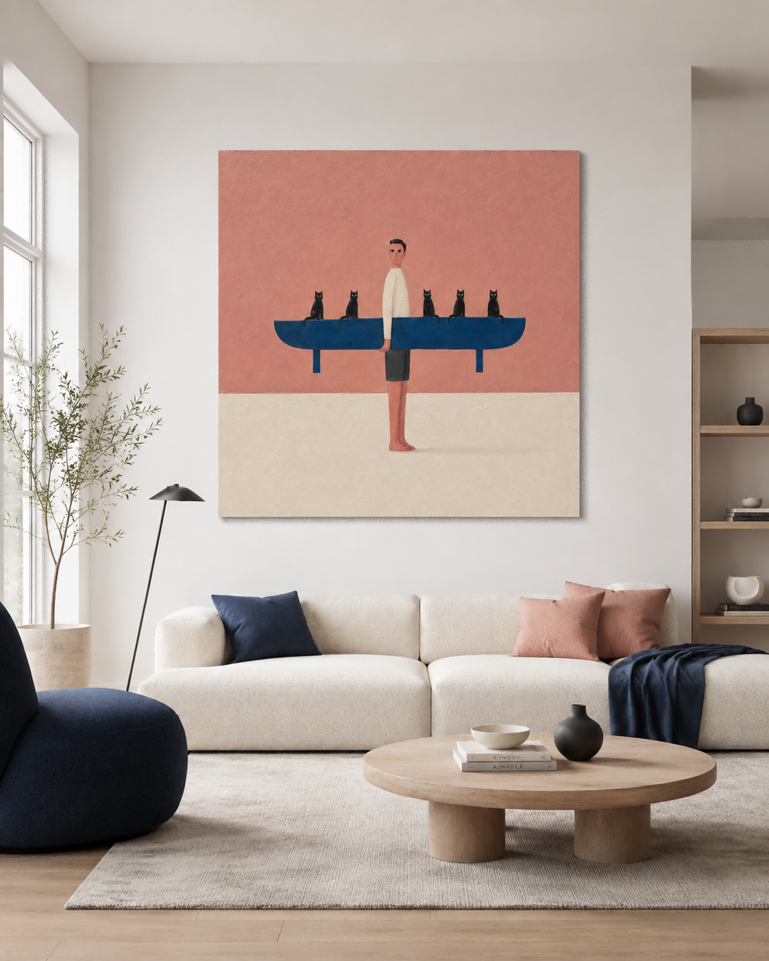 Man With Surfboard And Cats Abstract Canvas Painting In Pink And Blue Playful Pink And Blue Wall Art For Modern Living Room Or Bedroom Decor