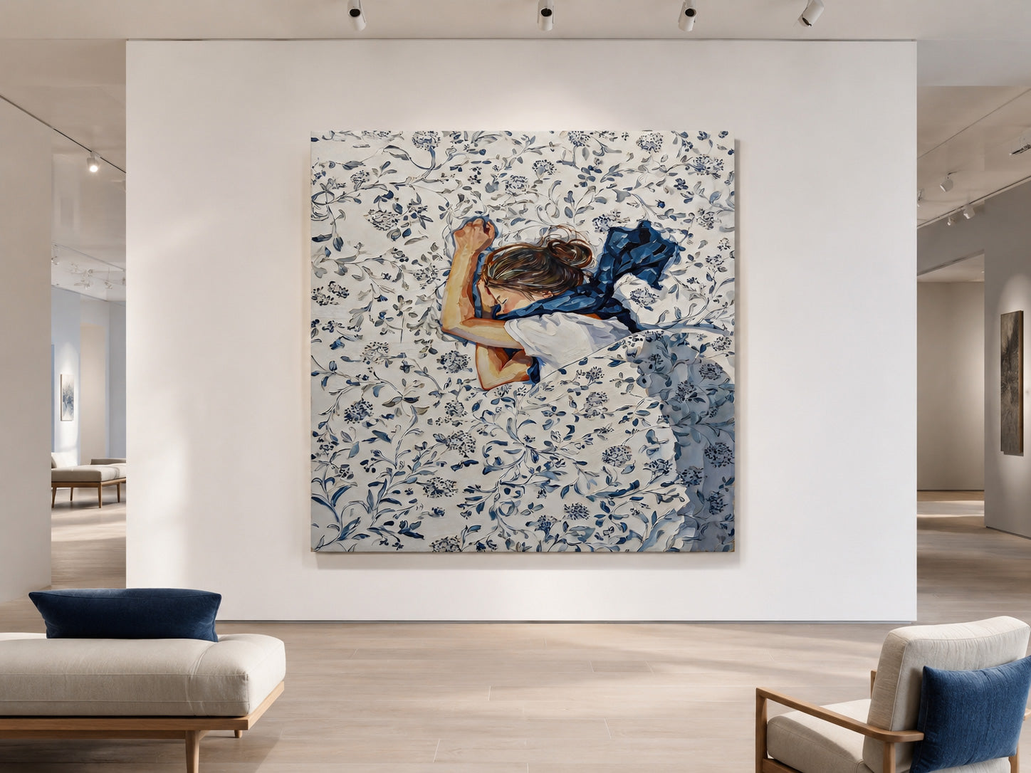 Healing Blue Floral Oil Painting Of Sleeping Girl For Bedroom Wall Art Decor