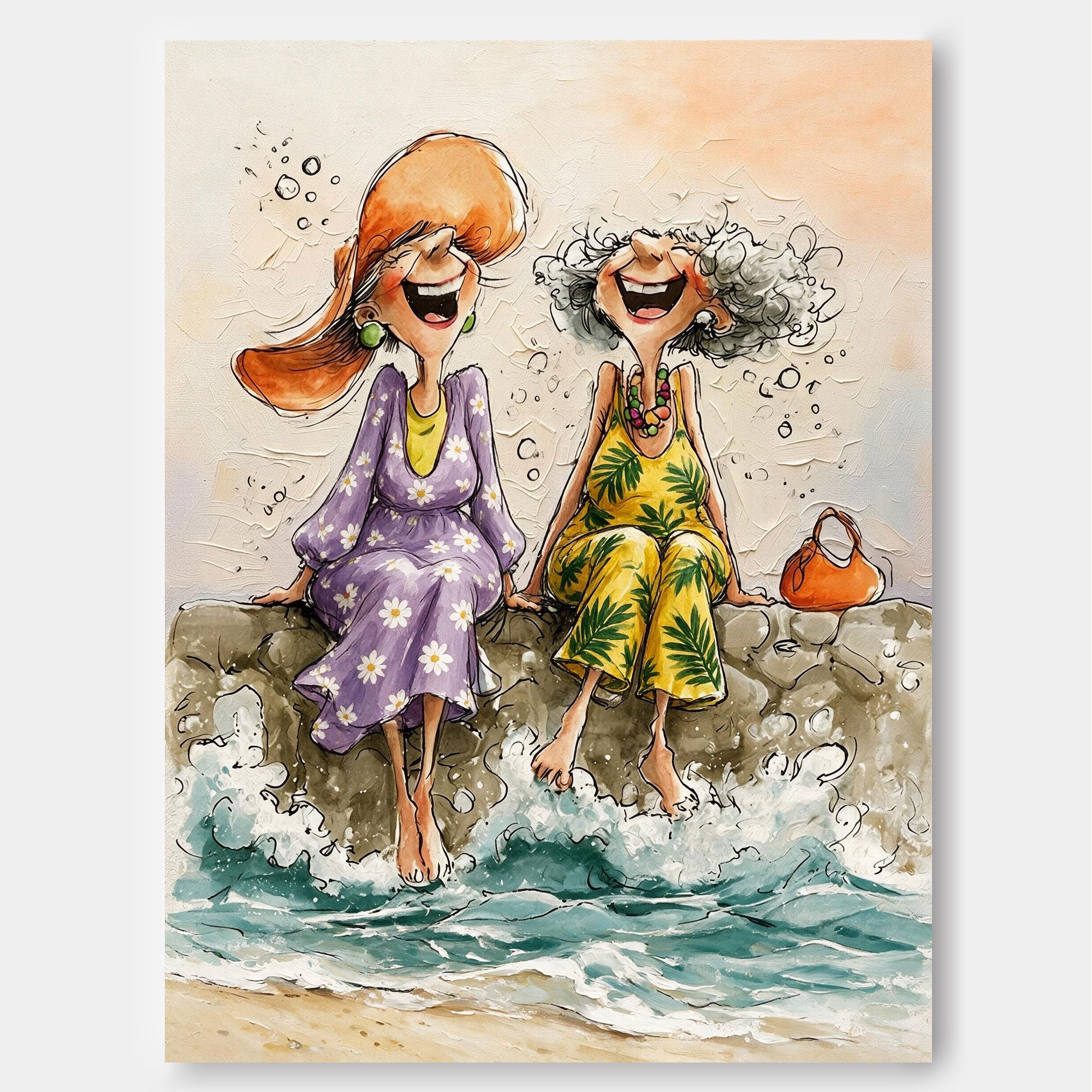 Whimsical Illustrative Oil Painting Of Women At Beach With Textured Canvas Finish