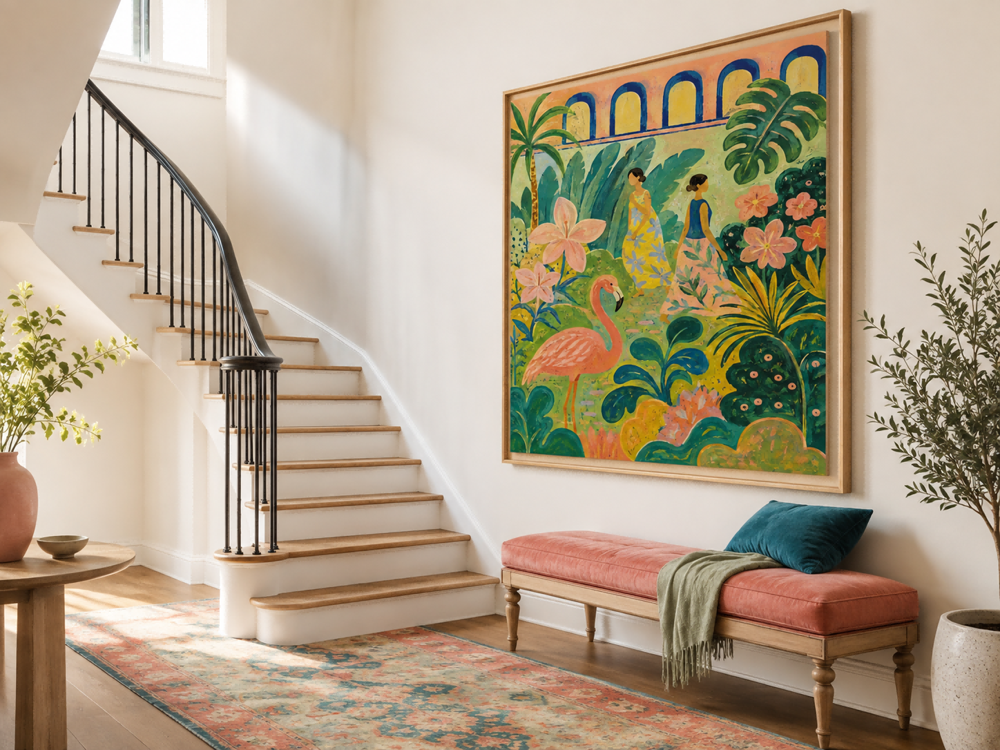 Flamingo And Women In Tropical Garden Hand-Painted Canvas Art Art Deco Fantasy Landscape Painting With Pink And Green Tones