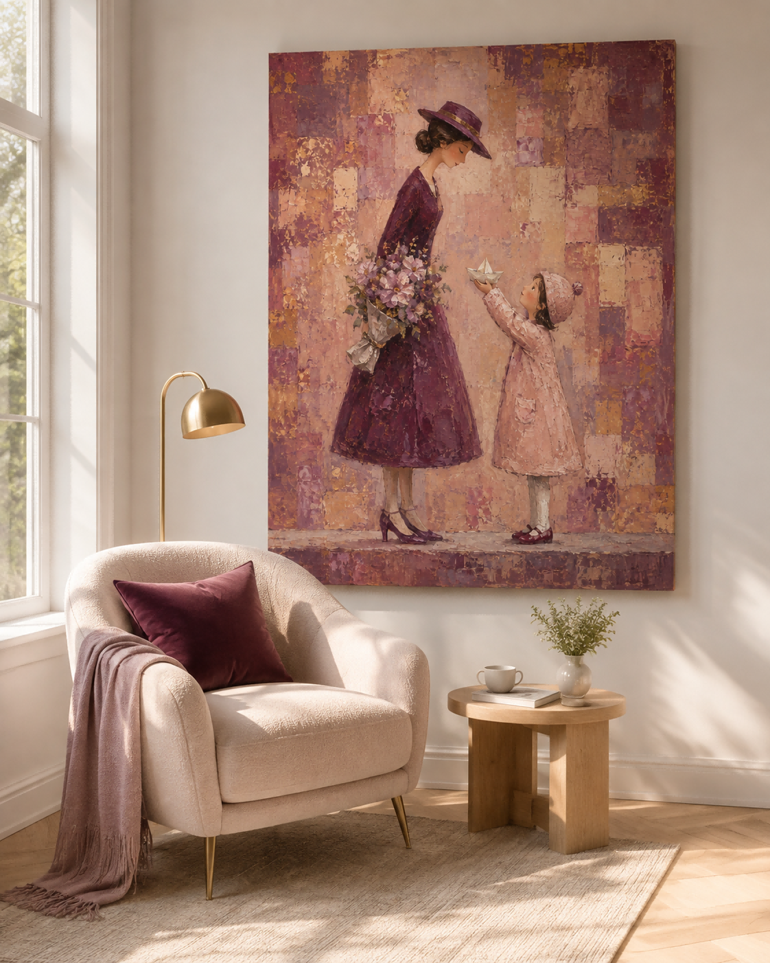 Abstract Modern Illustration Of Motherhood In Purple Textured Canvas Wall Art