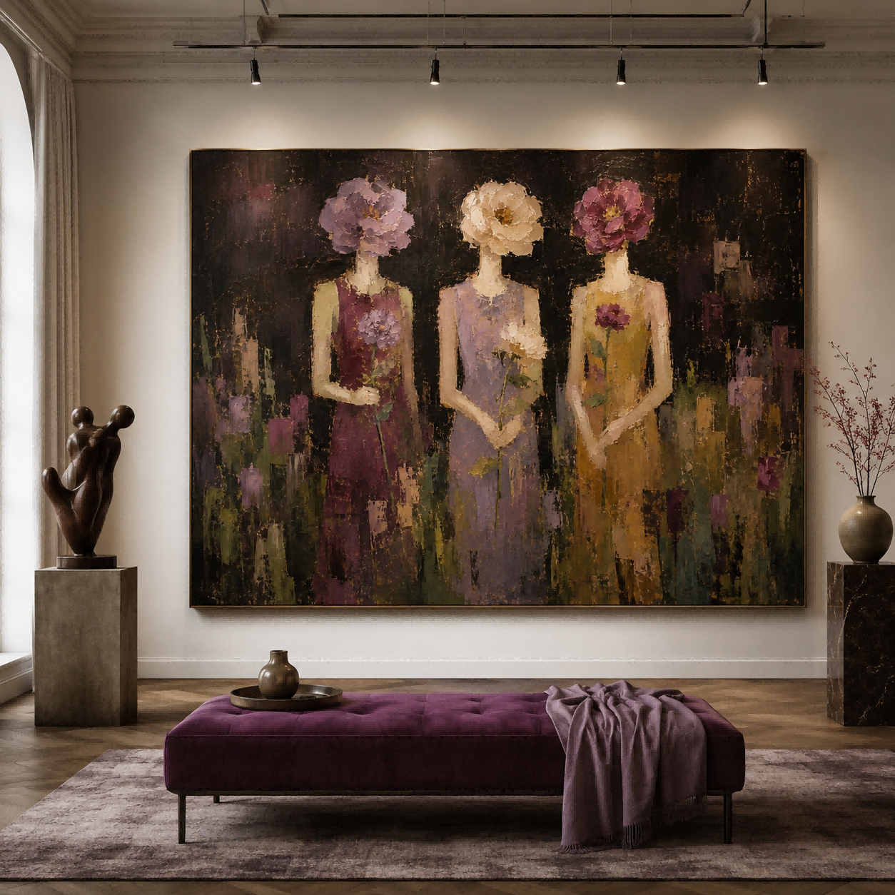 Abstract Figurative Painting Of Women With Flowers In Rich Textured Oil Style