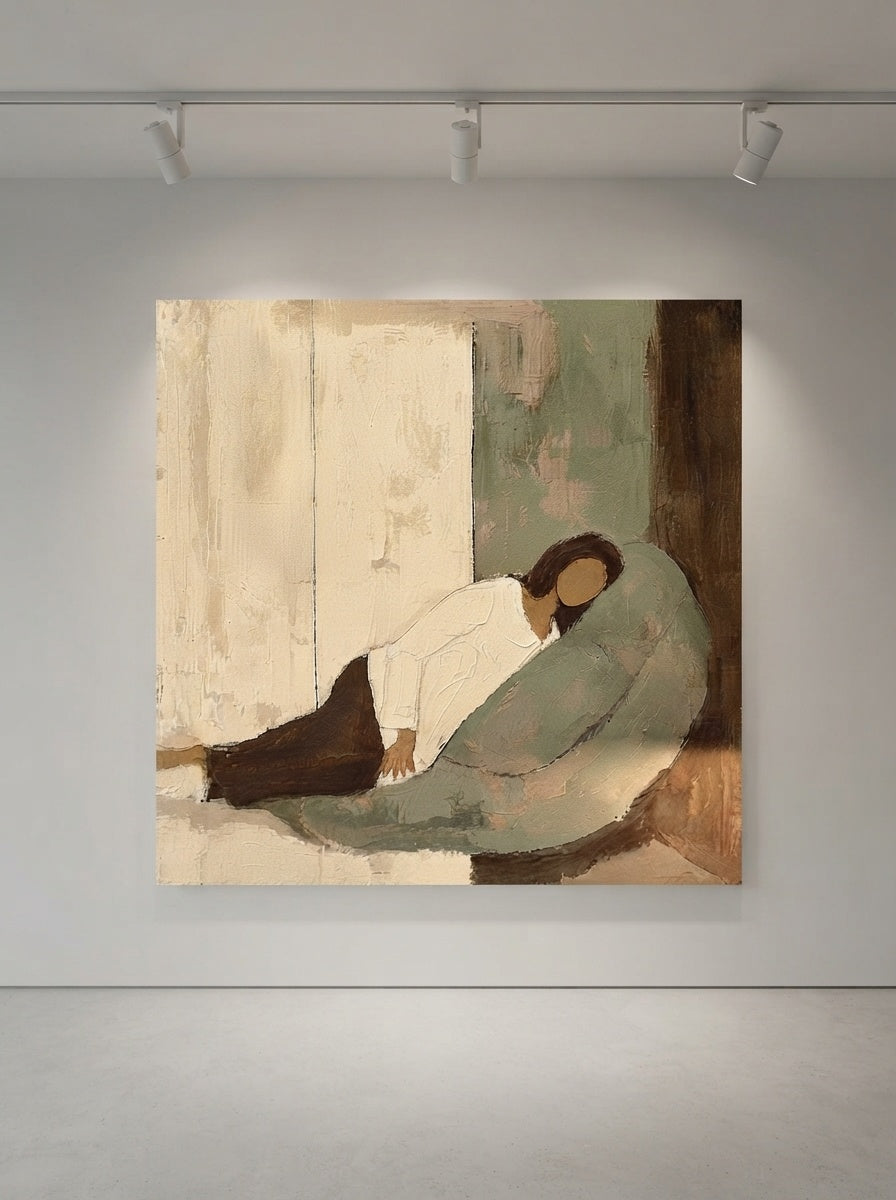 Vintage Minimalist Square Canvas Painting With Soft Beige And Green Tones For Modern Living Room Decor