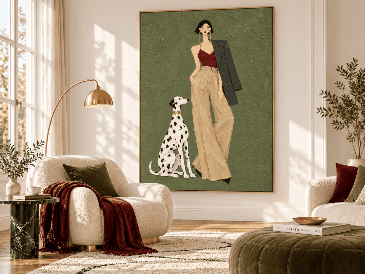 Hand-Painted Fashion Woman And Dalmatian Dog Canvas Art Vintage Modern Textured Painting