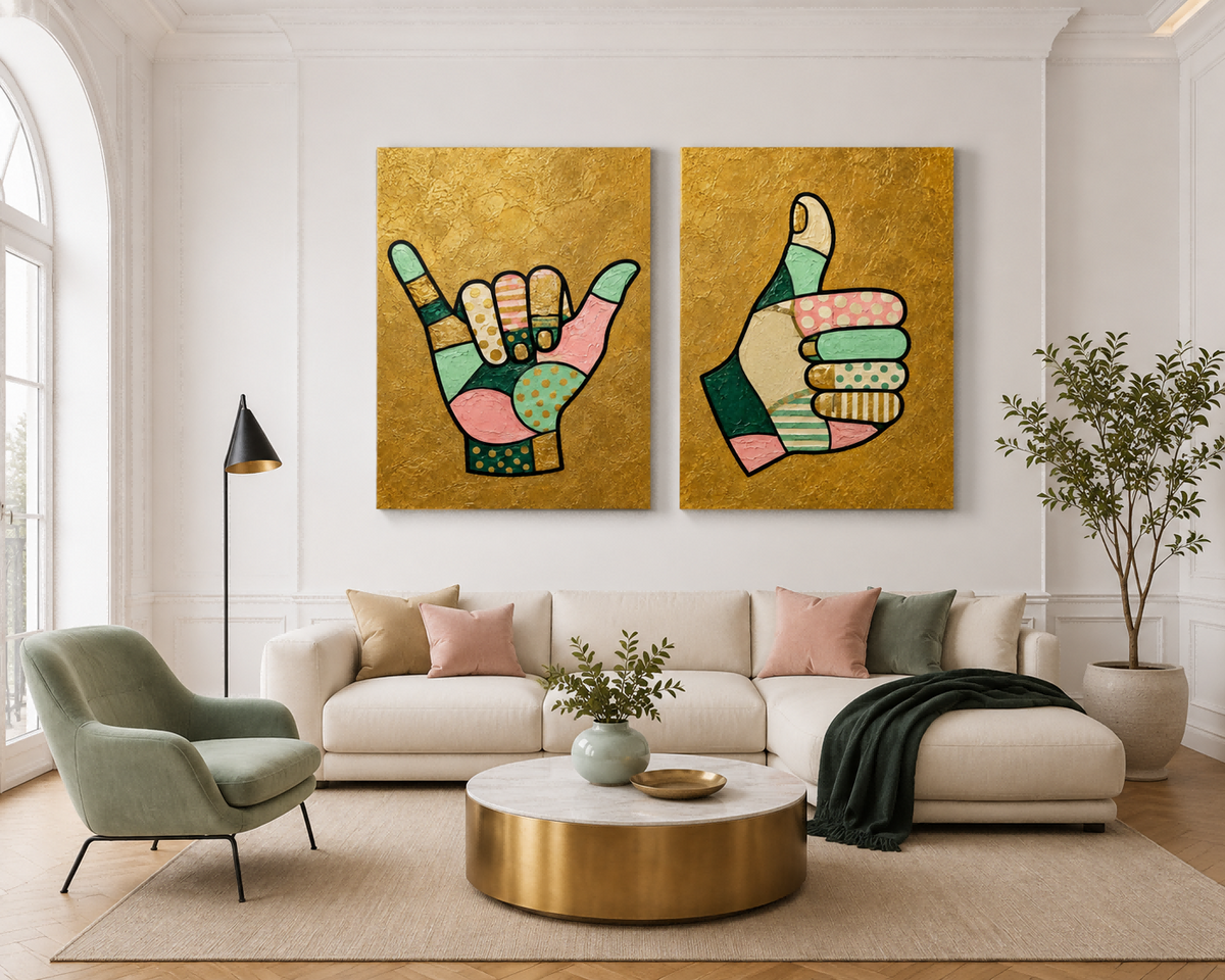 Hand-Painted Shaka And Thumbs Up Canvas Art Set With Gold Background