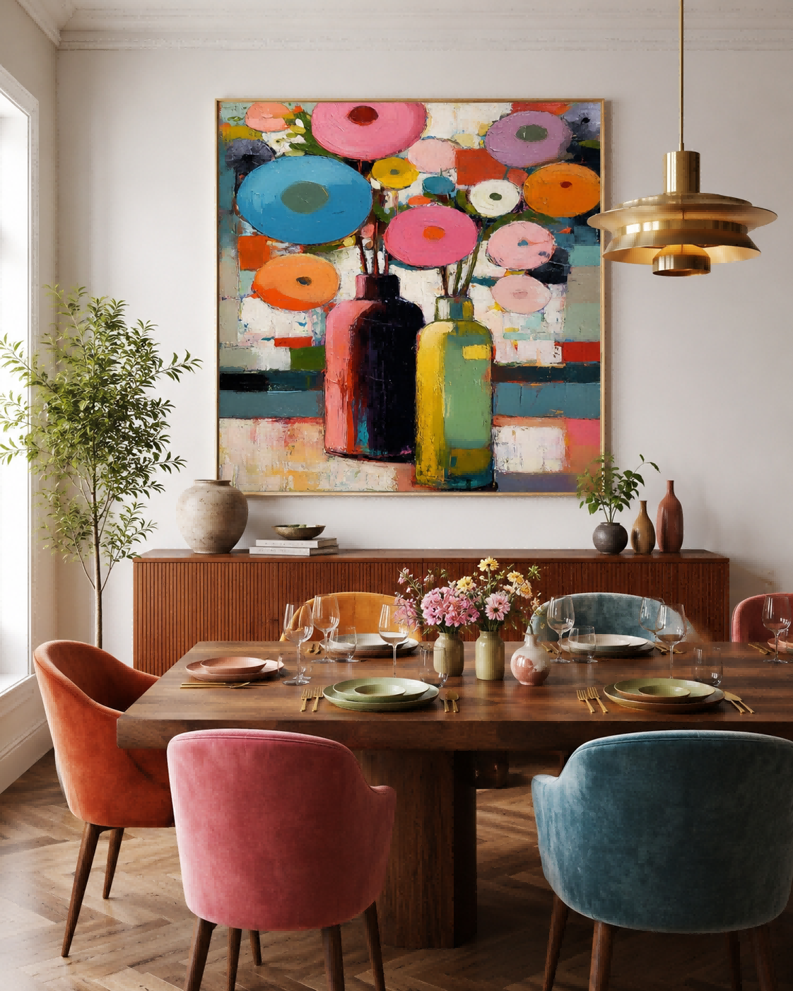 Vibrant Geometric Floral Art With Colorful Vases For Modern Living Room Wall Decor