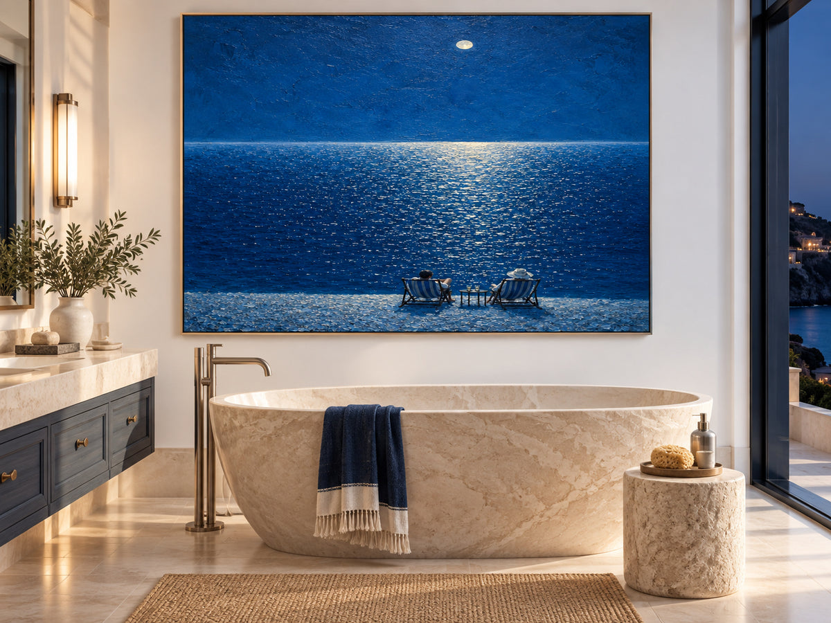 Moonlit Beach Couple Hand-Painted Canvas Art Deep Blue Sea