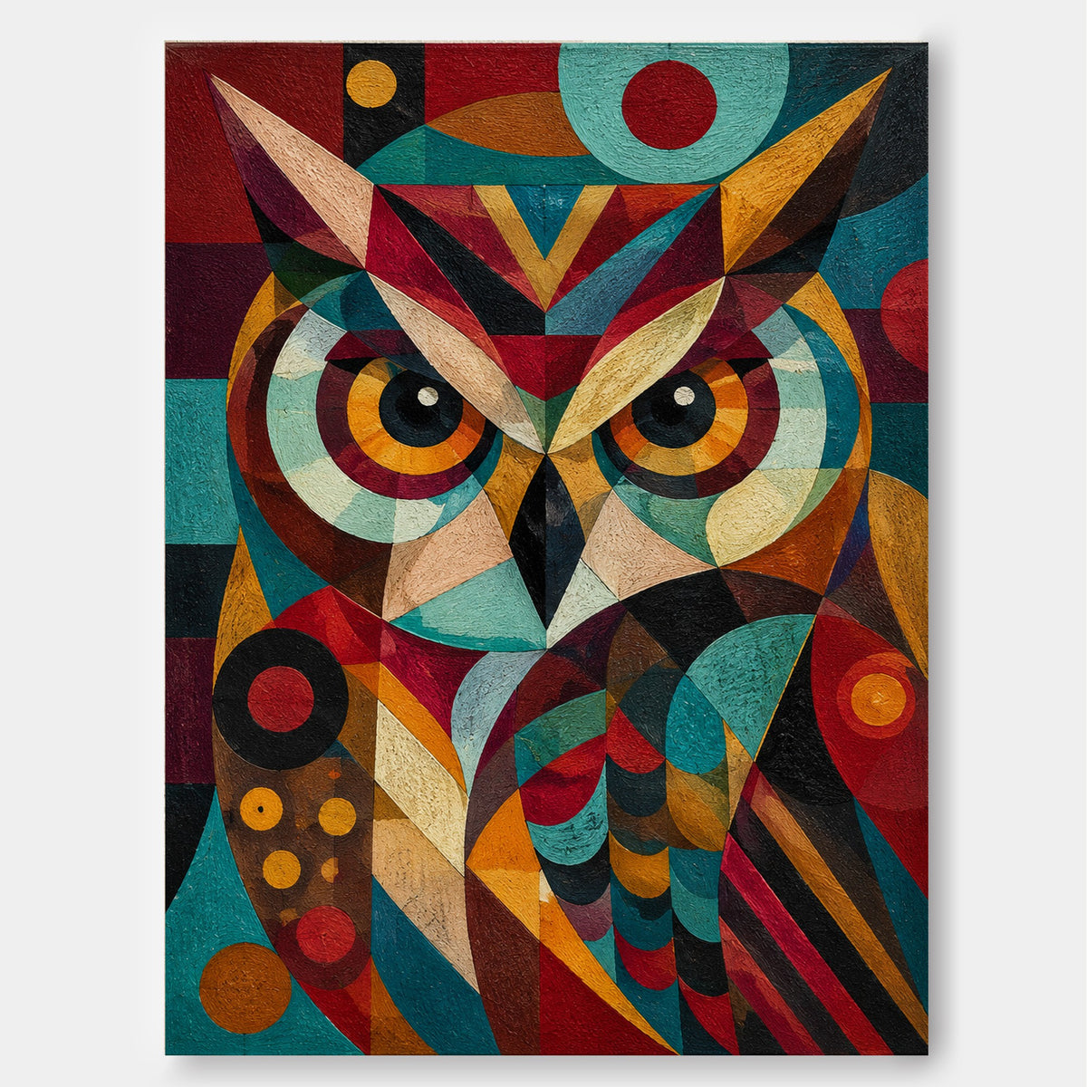 Vintage Cubism Inspired Owl Painting With Textured Geometric Patterns