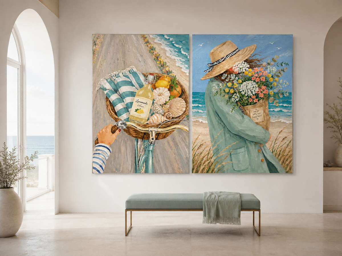 Seaside Bicycle And Flower Girl Hand-Painted Diptych Canvas Art With Blue Ocean