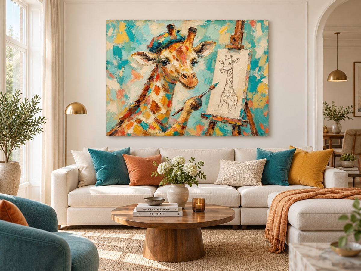Hand-Painted Giraffe Artist Canvas Painting With Beret And Easel
