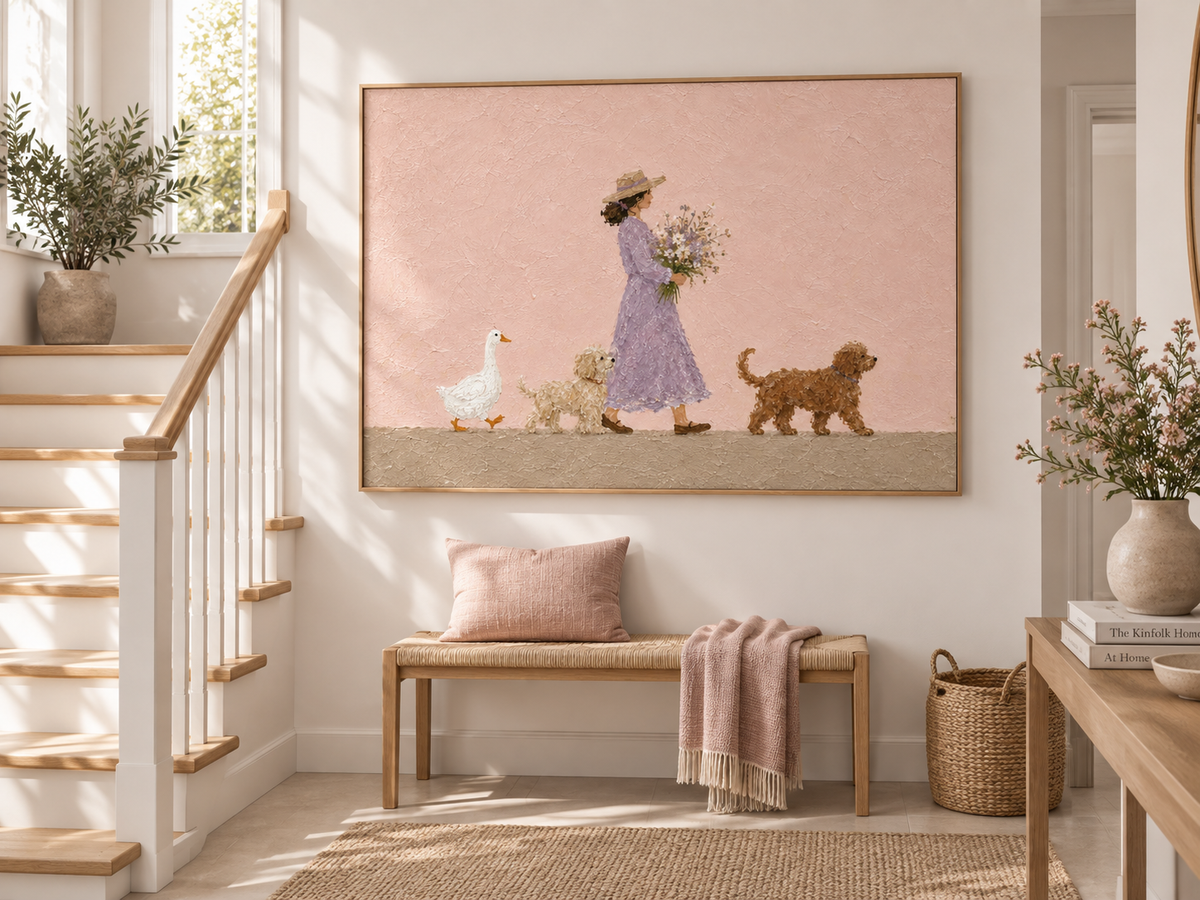 Modern Abstract Pastoral Art With Textured Pink Background And Whimsical Characters