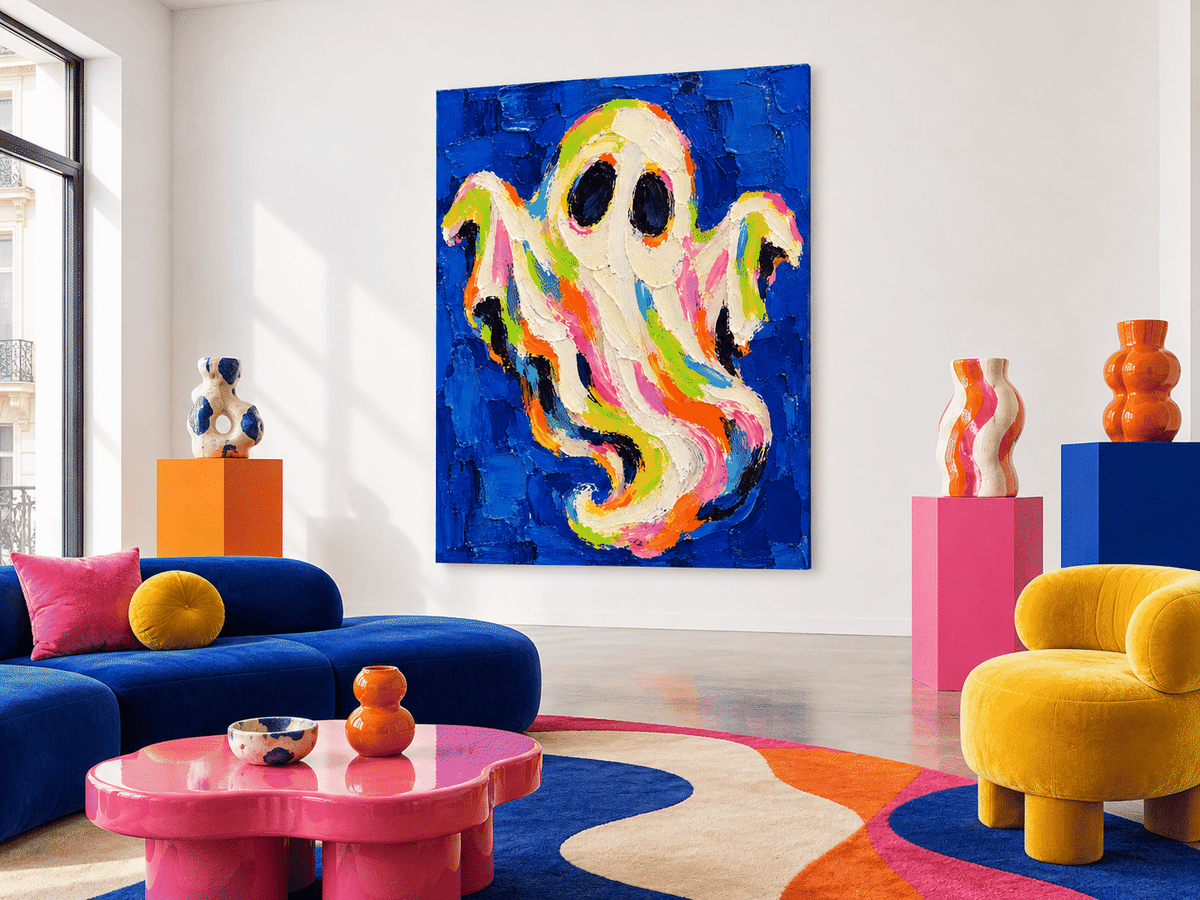 Hand-Painted Neon Ghost Abstract Art On Deep Blue Canvas