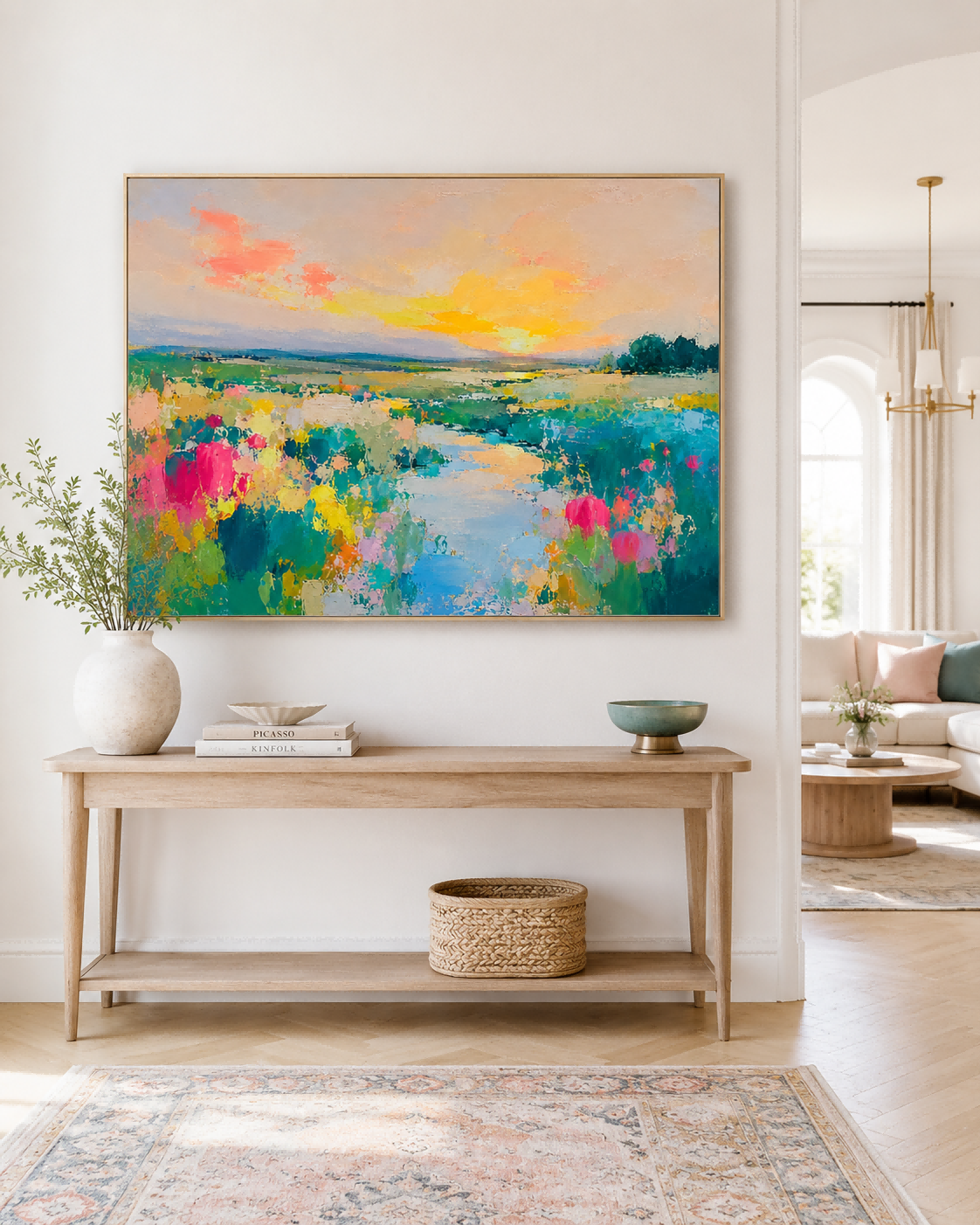 Colorful Floral Landscape Hand-Painted Canvas Art With Warm Sunset Tones
