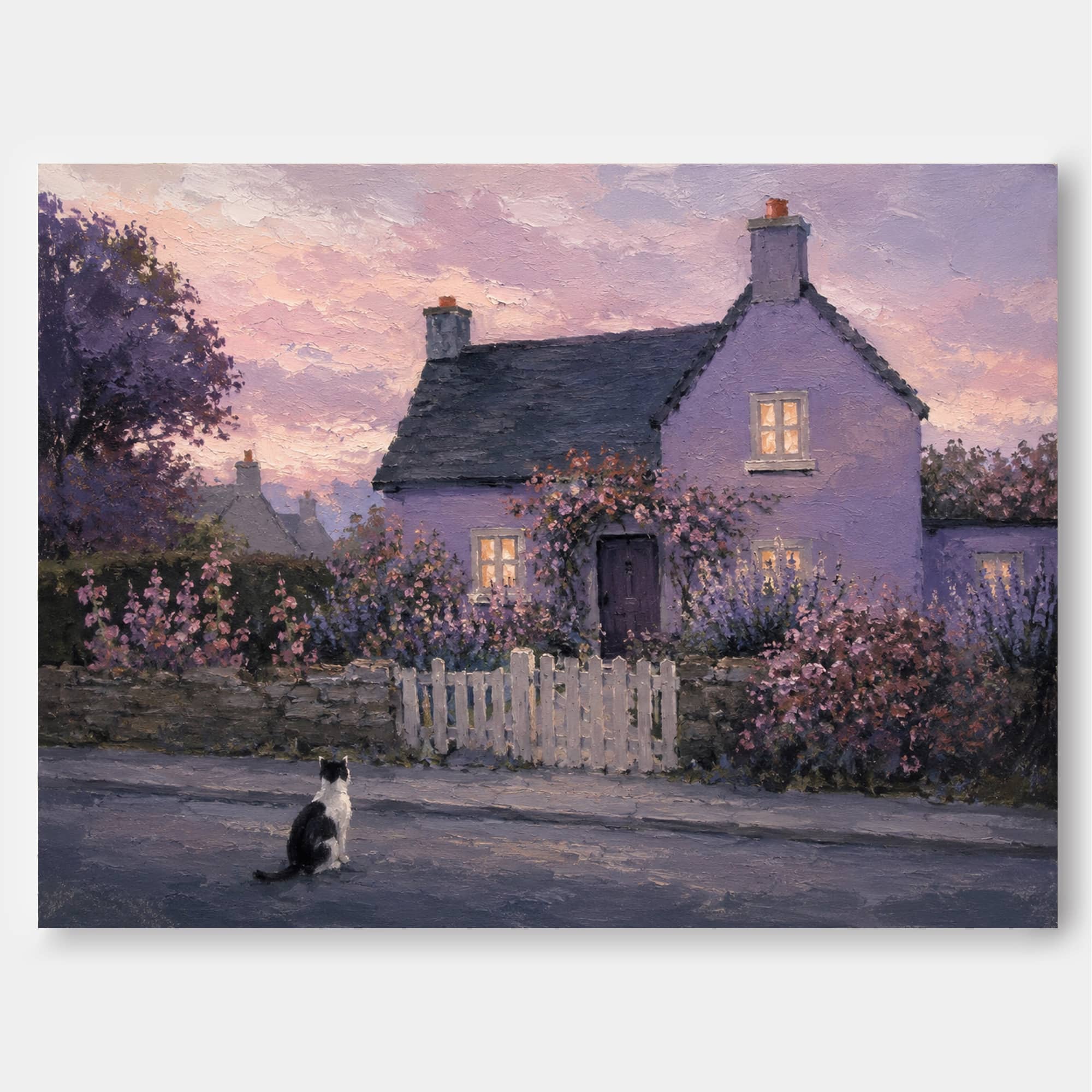 Pastoral Romantic Oil Style Art Purple House And Flowers