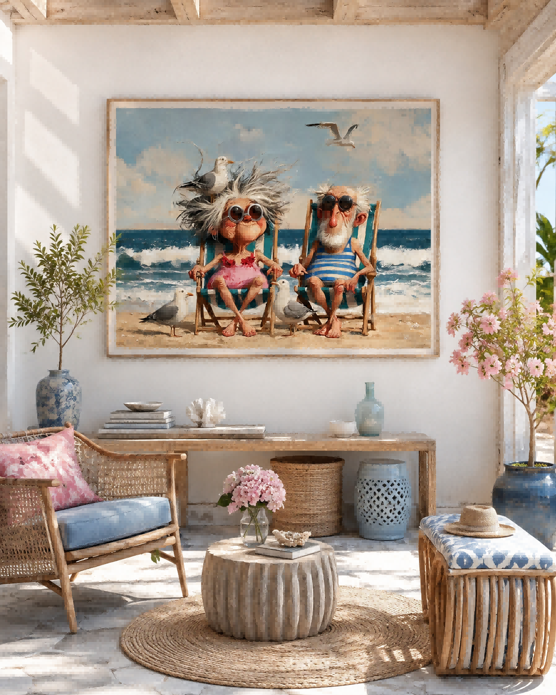 Bright Coastal Art Featuring Funny Seniors And Seagulls For Beach House Wall