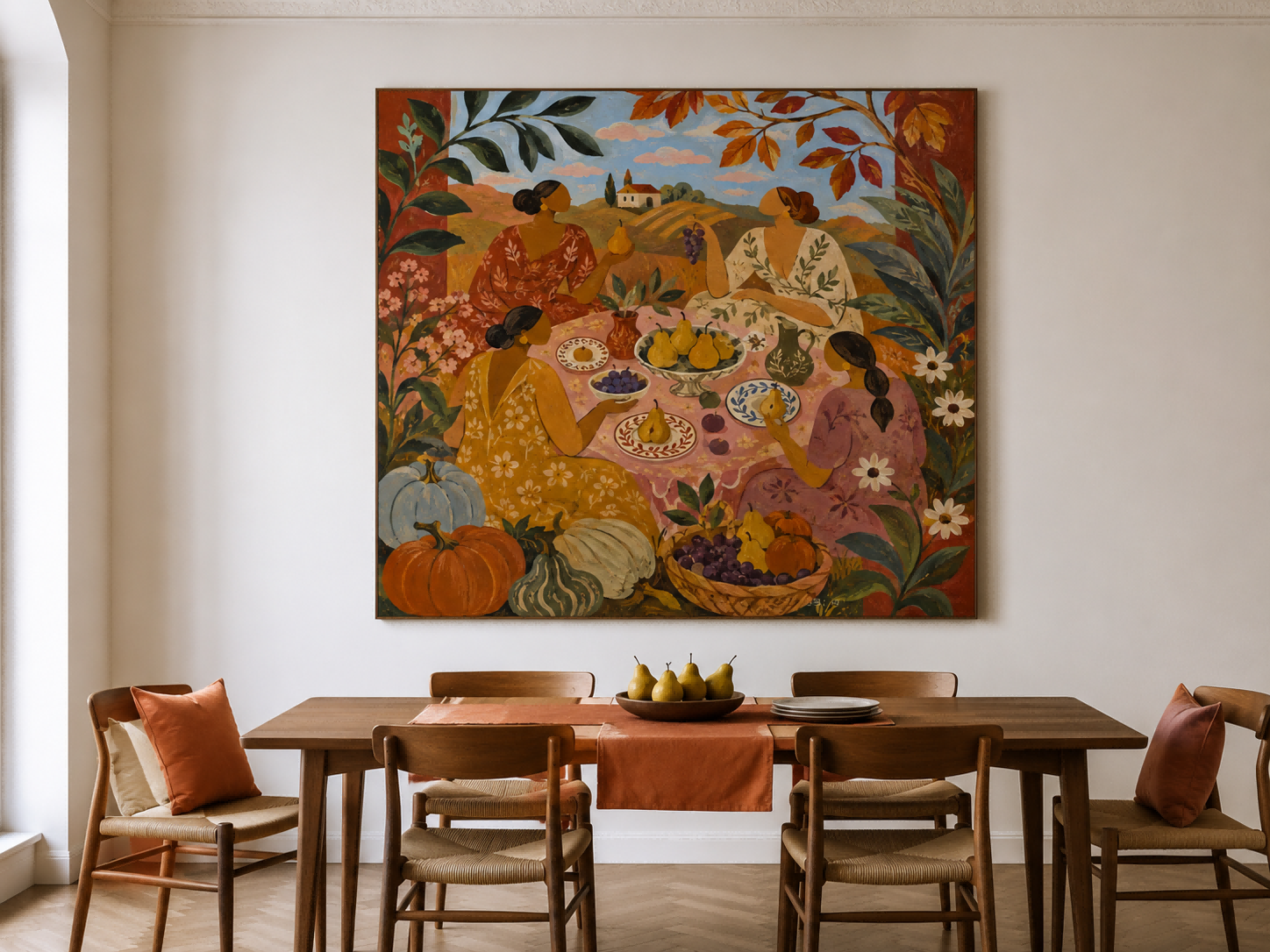 Fantasy Style Original Canvas Painting Of Outdoor Picnic With Floral Details