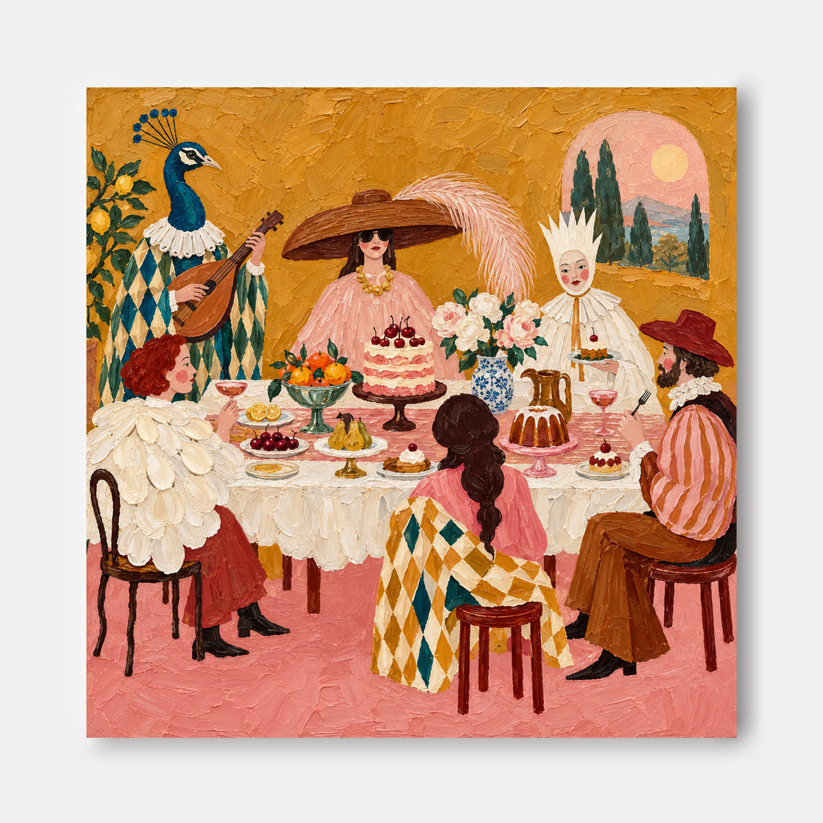Textured Surrealism Oil Painting In Titian Gold And Pink For Eclectic Decor