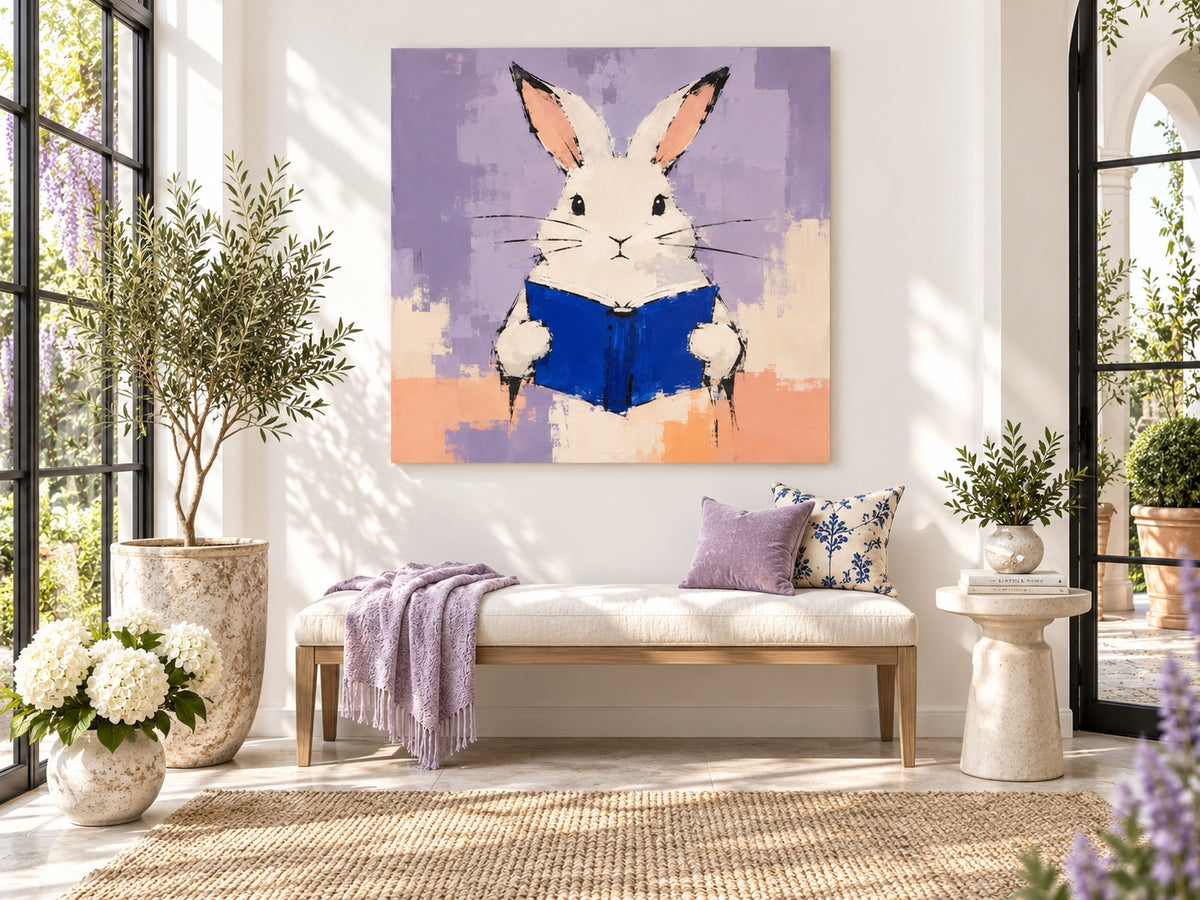 Textured Minimalist Canvas Painting Of Bunny With Book In Modern Style
