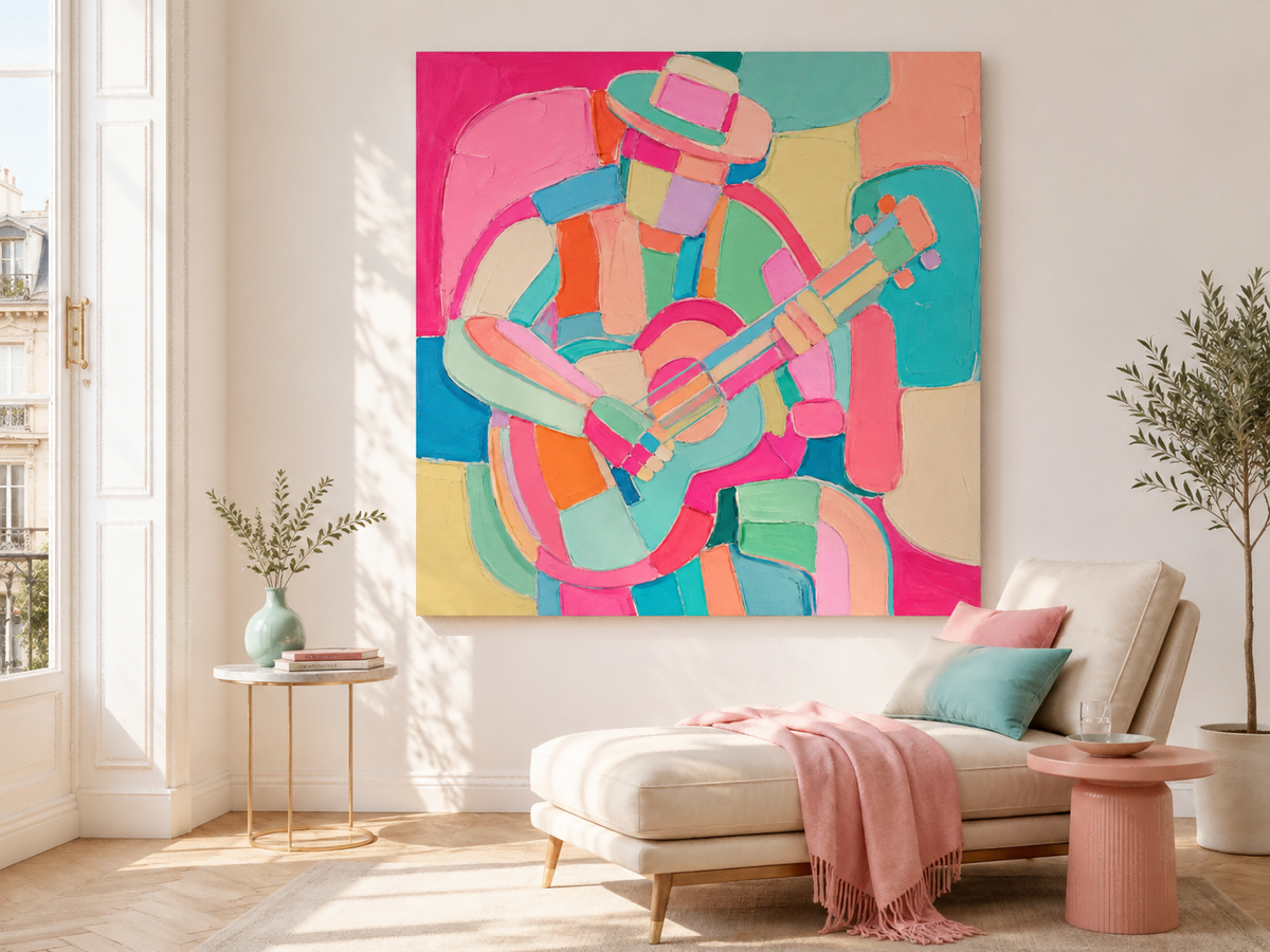 Vibrant Modern Musician Painting With Geometric Blocks For Living Room Decor