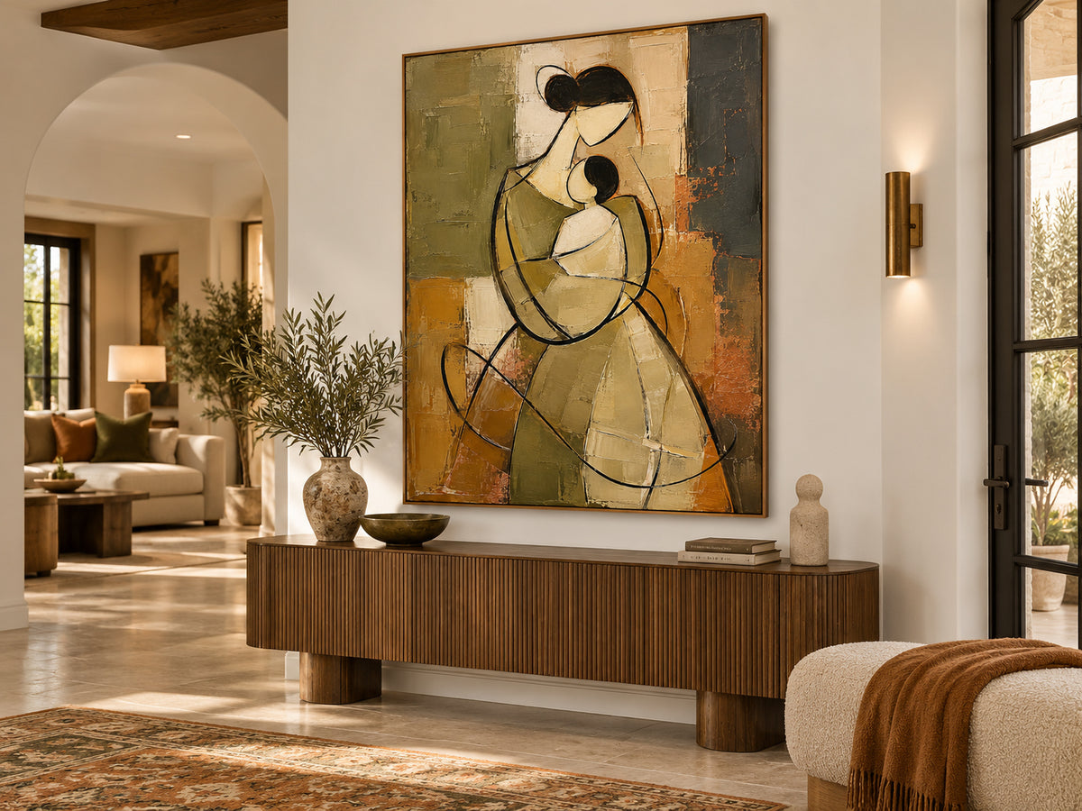 Vintage Style Minimalist Line Art Painting Warm Brown And Green Tones Abstract Mother And Child Canvas Painting