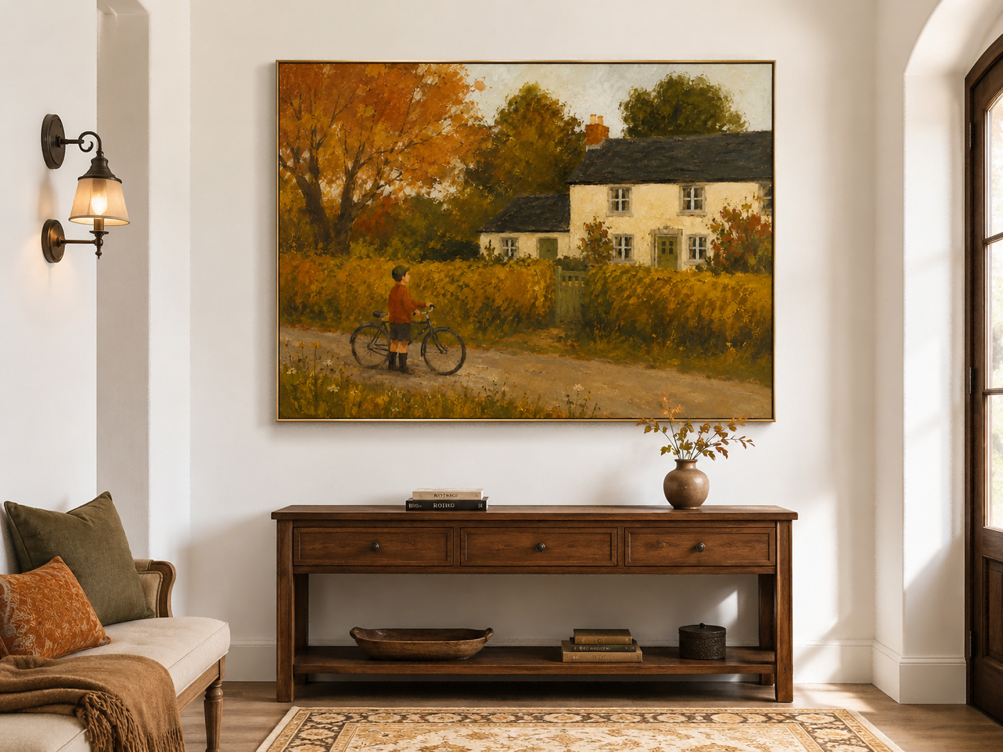 Nostalgic Rural Scene Original Canvas Painting In Classic Realist Style Boy With Bicycle Country Lane Hand-Painted Canvas Art In Golden Autumn Colors