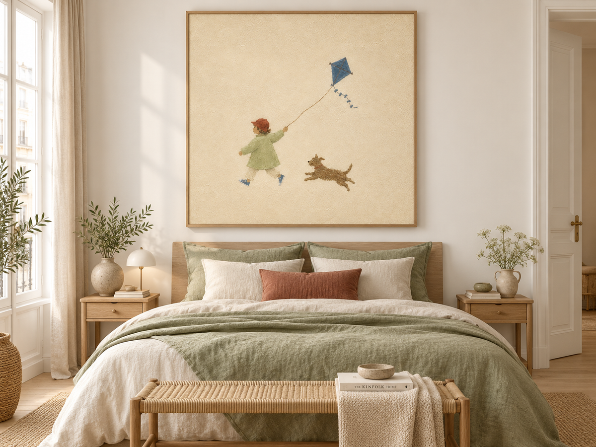 Whimsical Kids Room Wall Art Boy With Dog And Kite