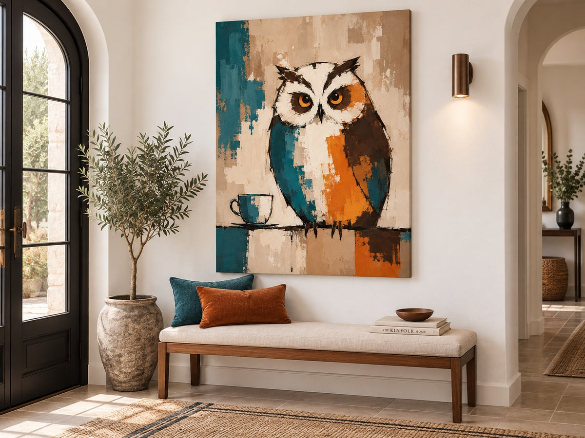 Minimalist Textured Canvas Art With Retro Color Block Design And Owl Theme