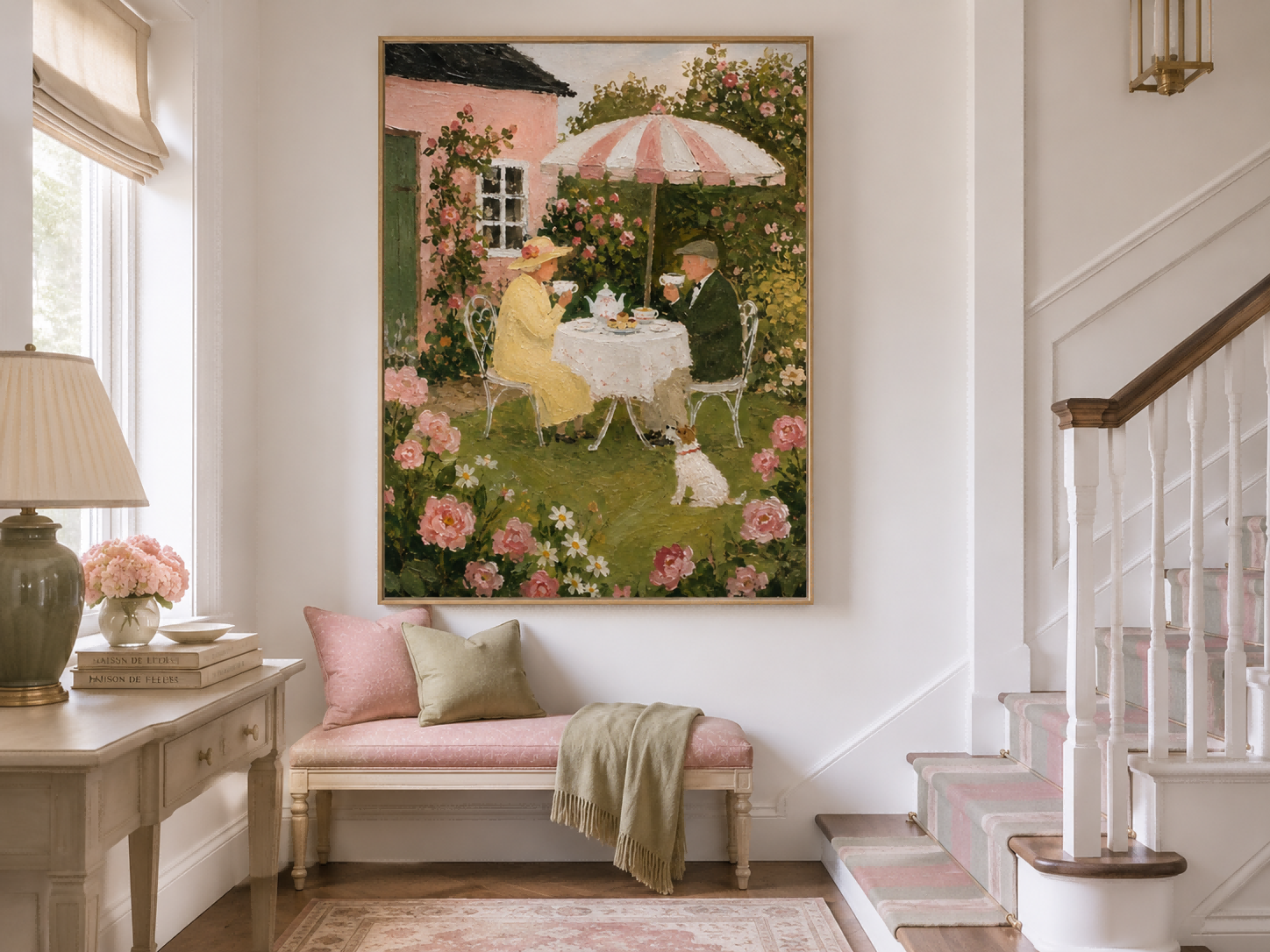 Vintage Romantic Oil Style Wall Art With Pink Roses And Tea Time Atmosphere