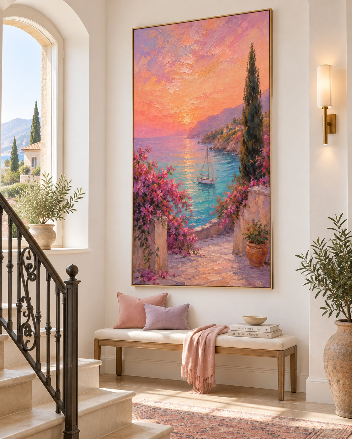 Hand-Painted Mediterranean Sunset Seascape With Sailboat Canvas Art