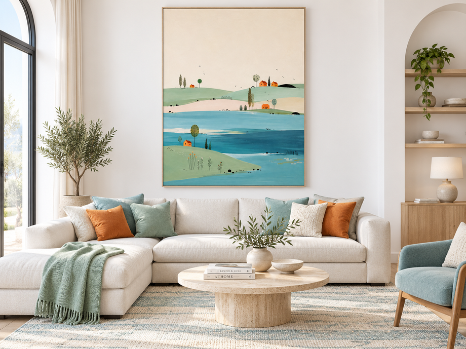 Minimalist Lake House Landscape Canvas Painting Hand-Painted Original Art