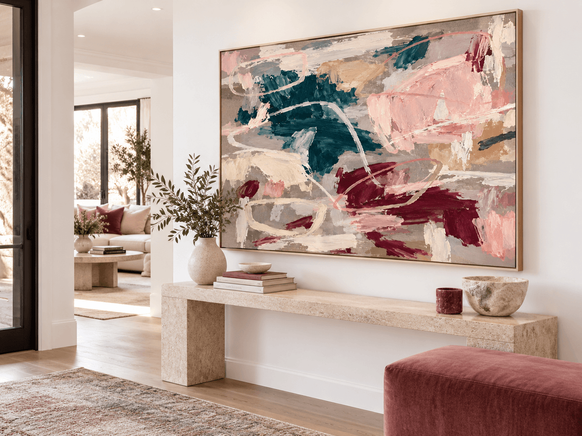 Hand-Painted Abstract Canvas Art With Crimson And Teal Textured Brushstrokes