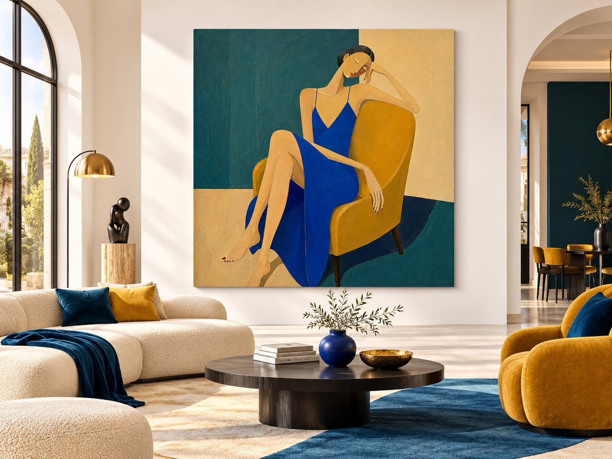 Minimalist Vintage Style Canvas Painting Textured Blue Beige Modern Portrait Art
