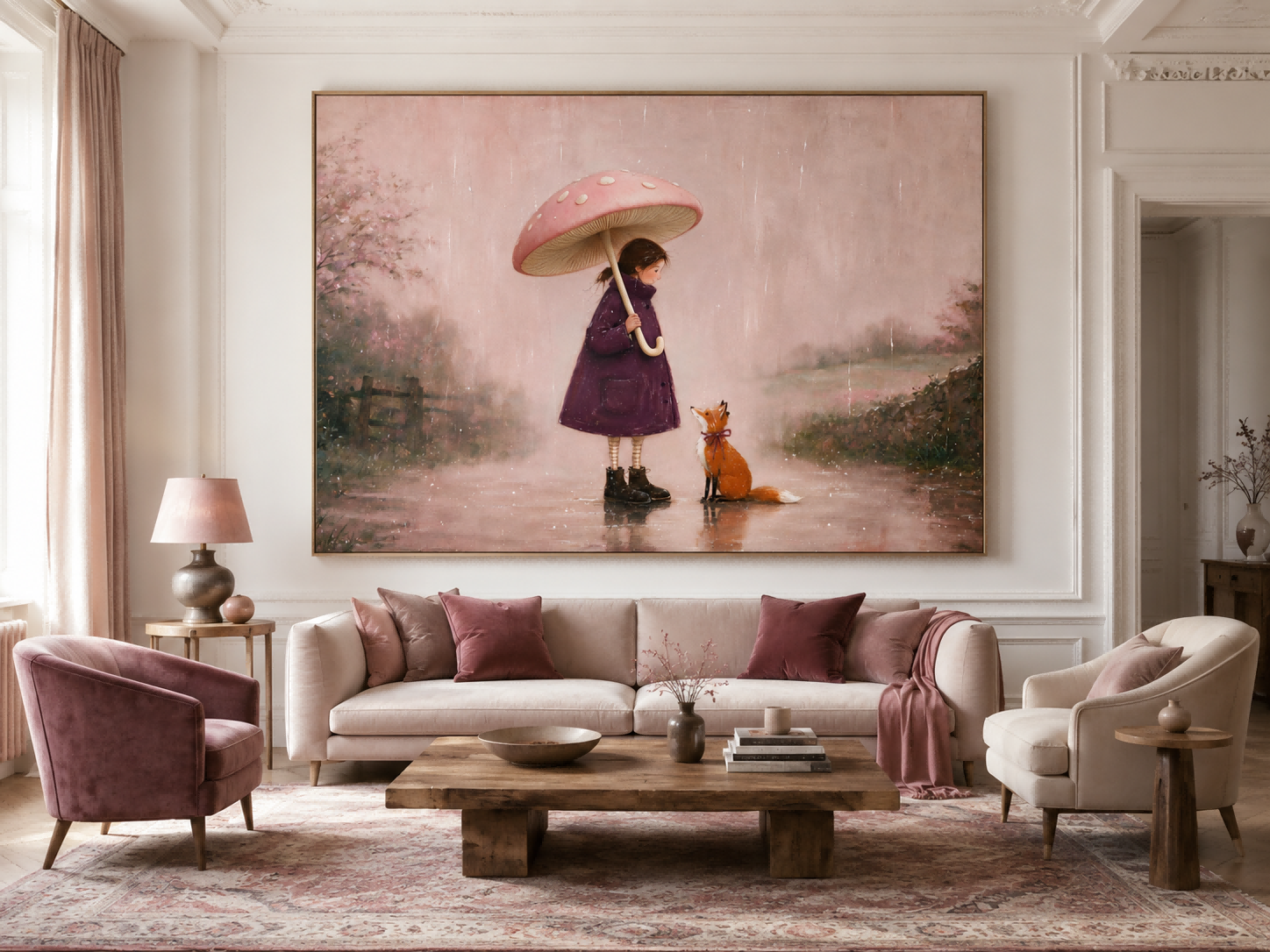 Vintage Girl With Fox Under Mushroom Umbrella In Rain Original Oil Painting