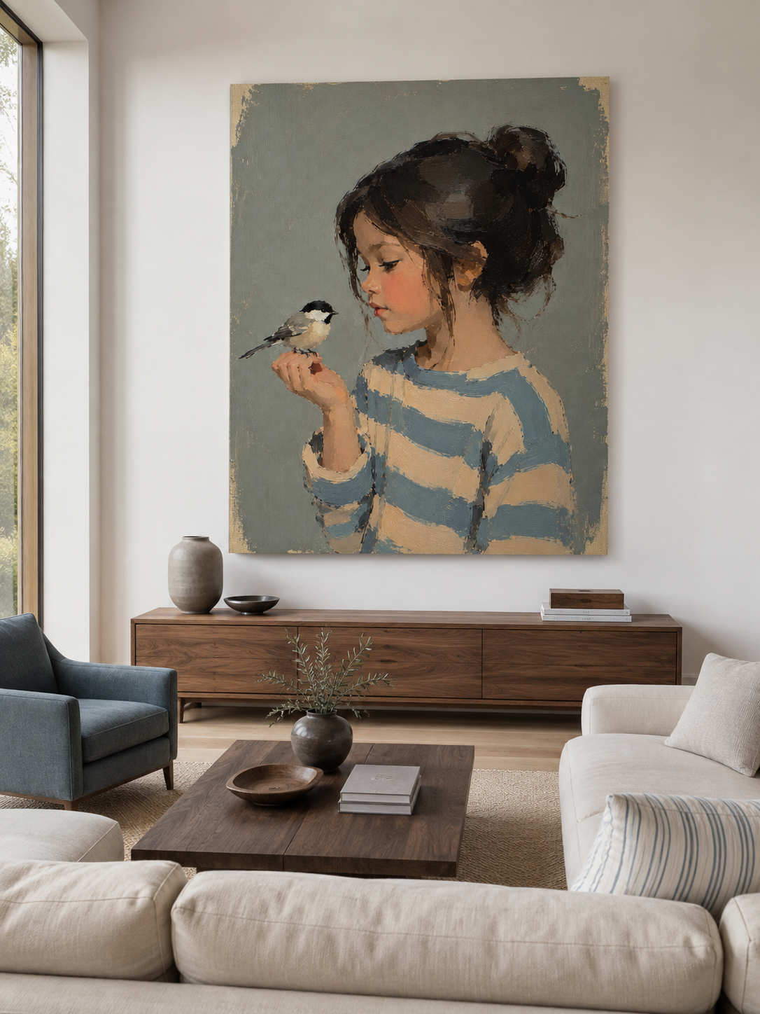 Modern Bedroom Wall Art Girl And Bird Painting Blue Beige Tones