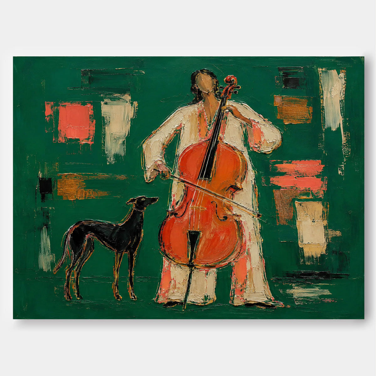 Textured Abstract Expressionist Art Elegant Musical Figure Painting In Emerald Tones