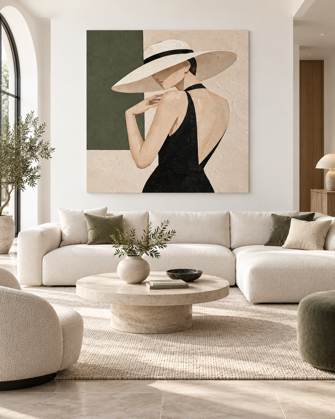 Minimalist Vintage Style Canvas Art Textured Abstract Lady Portrait With Olive And Cream Colors