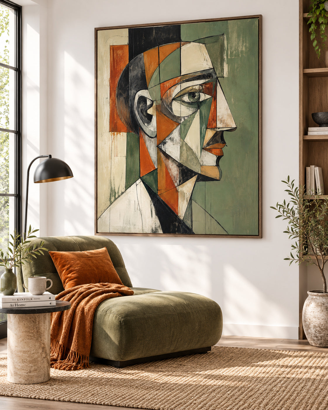 Picasso Style Cubism Artwork Textured Oil Painting Green And Orange Tones