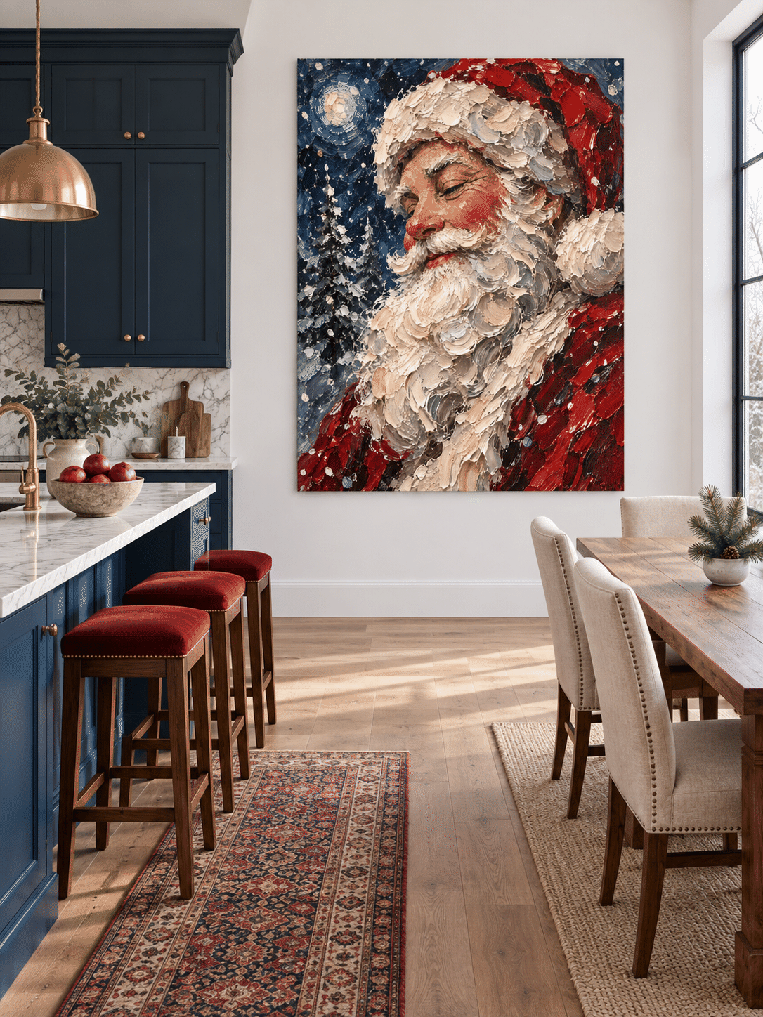 Modern Impressionist Holiday Painting With Serene Santa And Moonlit Sky Design
