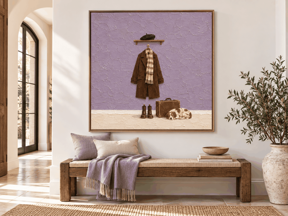 Vintage Dog And Coat Canvas Painting With Brown And Purple Tones