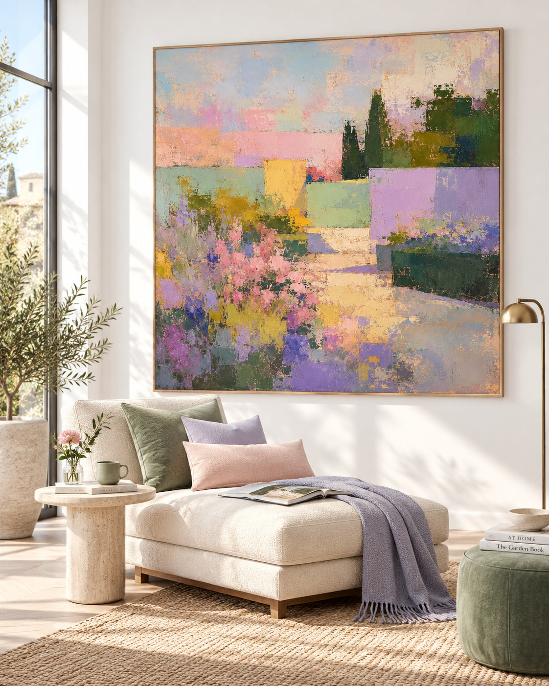 Abstract Floral Landscape Canvas Painting With Purple Pink Green Hues Hand-Painted Original Art