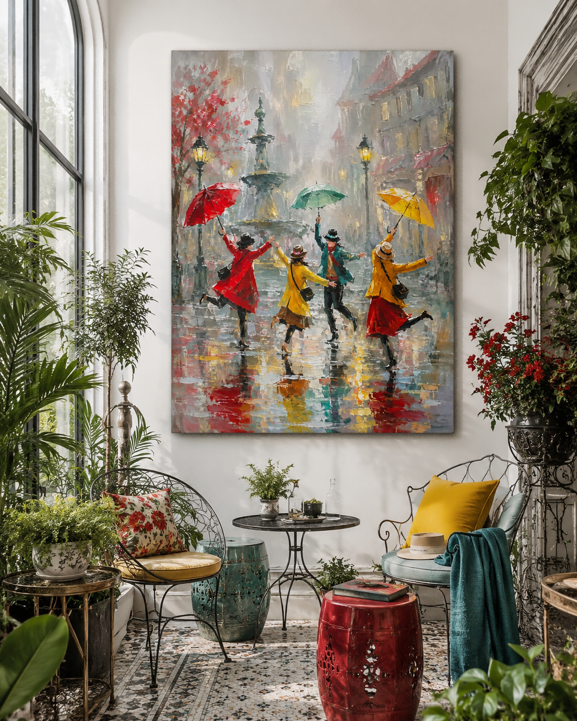 Colorful Umbrella Street Scene Canvas Art With Fountain And Lamp Post Details