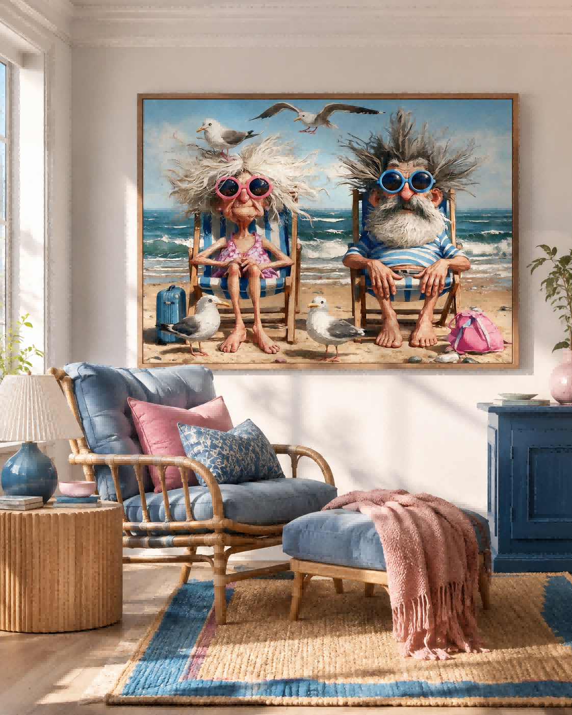 Retro Vintage Style Funny People Painting With Blue Sky And Ocean Waves