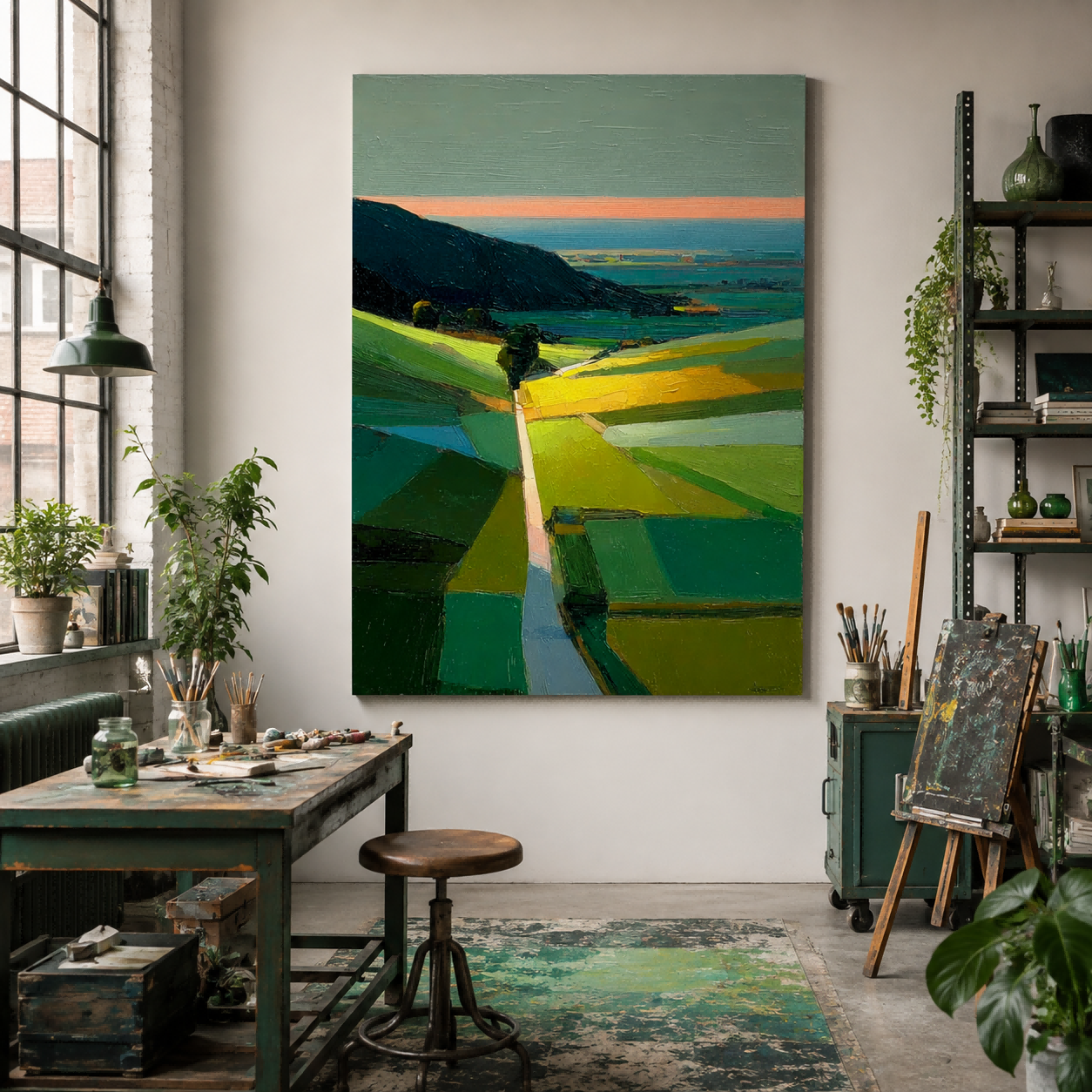 Modern Minimalist Landscape Painting Green Hills Abstract Art For Living Room