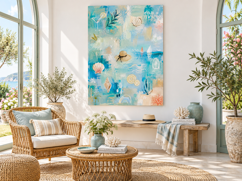 Seaside Abstract Canvas Painting With Shells And Sailboats For Beach Decor