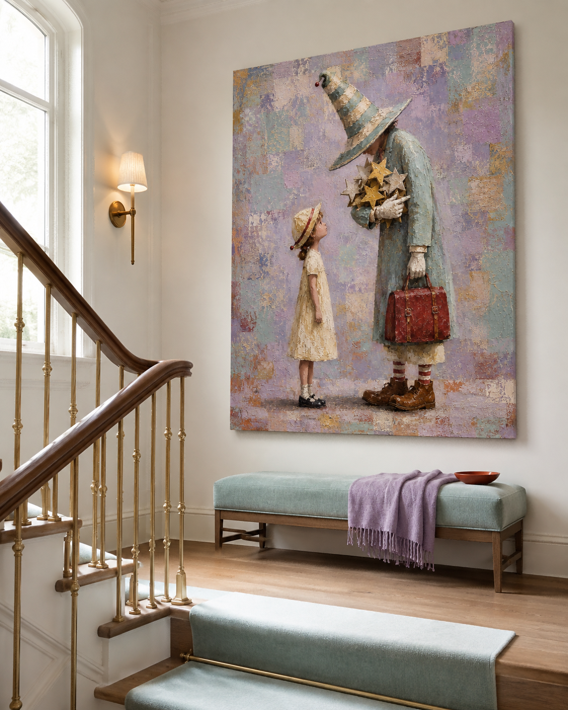 Wizard And Girl With Stars Hand-Painted Fantasy Canvas Art In Dreamy Purple