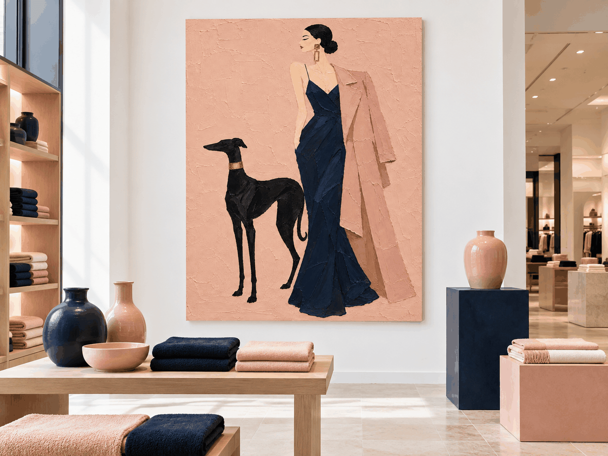 Hand-Painted Woman With Dog Canvas Art In Navy And Pink